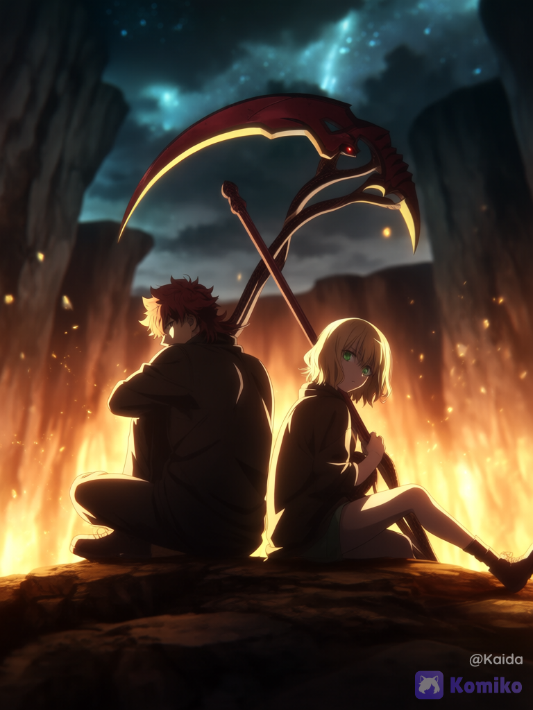 fate anime style character, heroic pose, anime art, epic scene, 1boy, 1girl, 2people, .
The girl has red hair with black, white highlights, green eyes and has a grunge style. She is an assassin and has a double sided scythe as weapon whicha re snake inspired.
The boy has a messily styled mullet, dark brown hair with blonde highlights, a grunge ish style and is also and assassin, depth of looking at viewer, blurred background, sitting on the ground, head tilt, looking away, back to back, glowing particles, cliff, stormy sky, starry sky, firelight