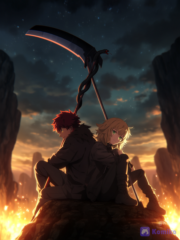fate anime style character, heroic pose, anime art, epic scene, 1boy, 1girl, 2people, .
The girl has red hair with black, white highlights, green eyes and has a grunge style. She is an assassin and has a double sided scythe as weapon whicha re snake inspired.
The boy has a messily styled mullet, dark brown hair with blonde highlights, a grunge ish style and is also and assassin, depth of looking at viewer, blurred background, sitting on the ground, head tilt, looking away, back to back, glowing particles, cliff, stormy sky, starry sky, firelight