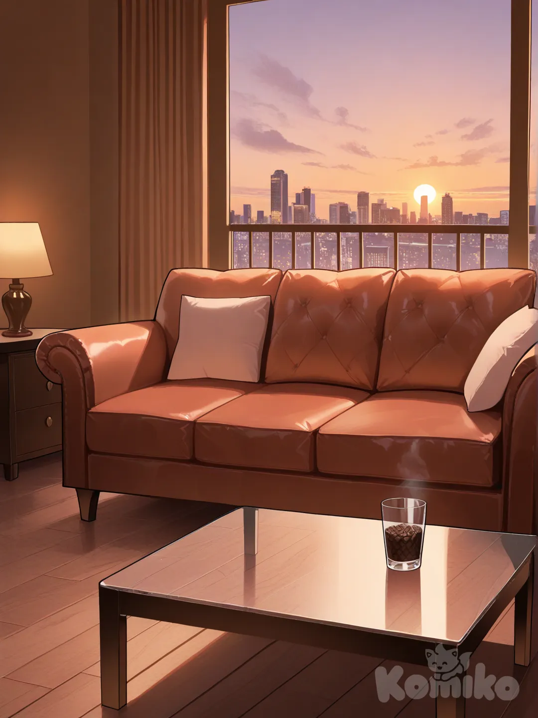 Genera un fondo, sería la sala de estar de un departamento lujoso pero nada del otro mundo, con un toque elegante, nyantcha