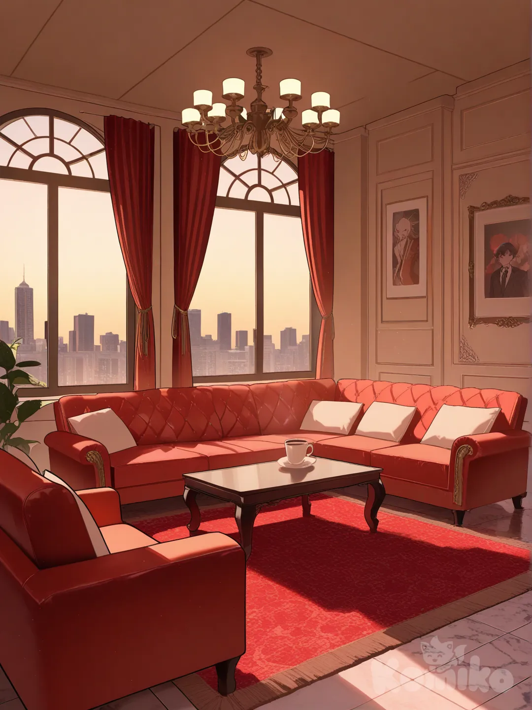 Genera un fondo, sería la sala de estar de un departamento lujoso con un toque elegante, nyantcha