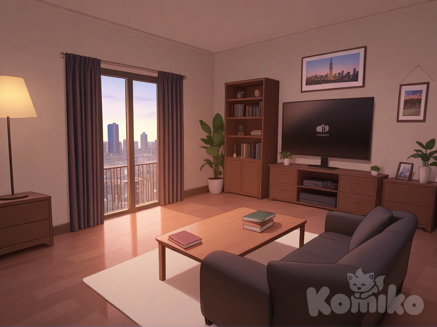 Genera un fondo, sería la sala de estar de un departamento lujoso pero nada del otro mundo, con un toque elegante, un sillón grande en color negro, enfrente una televisión grande y unos estantes de libros