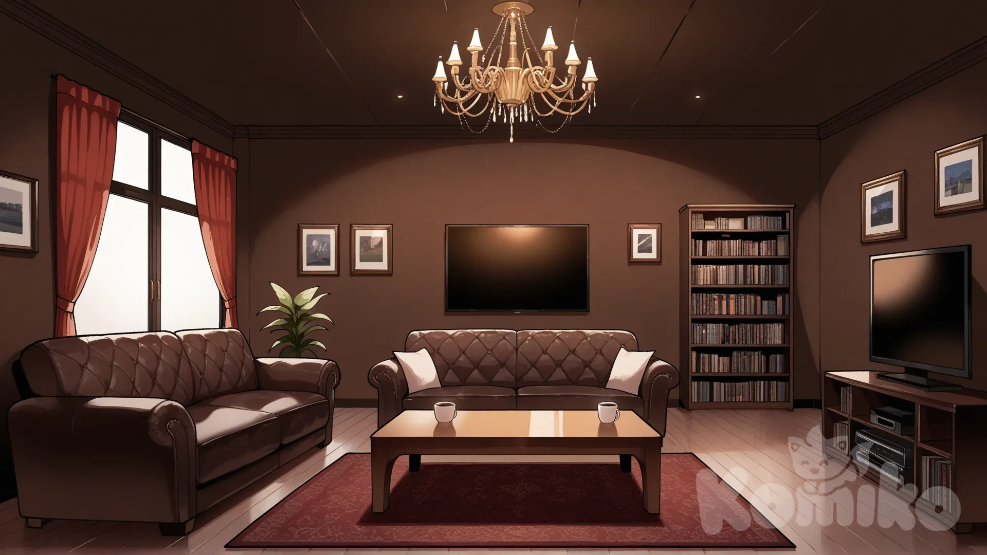 Genera un fondo, sería la sala de estar de un departamento lujoso pero nada del otro mundo, con un toque elegante, hazla de vista de frente, que predominen los colores café, negro y blanco para las paredes.