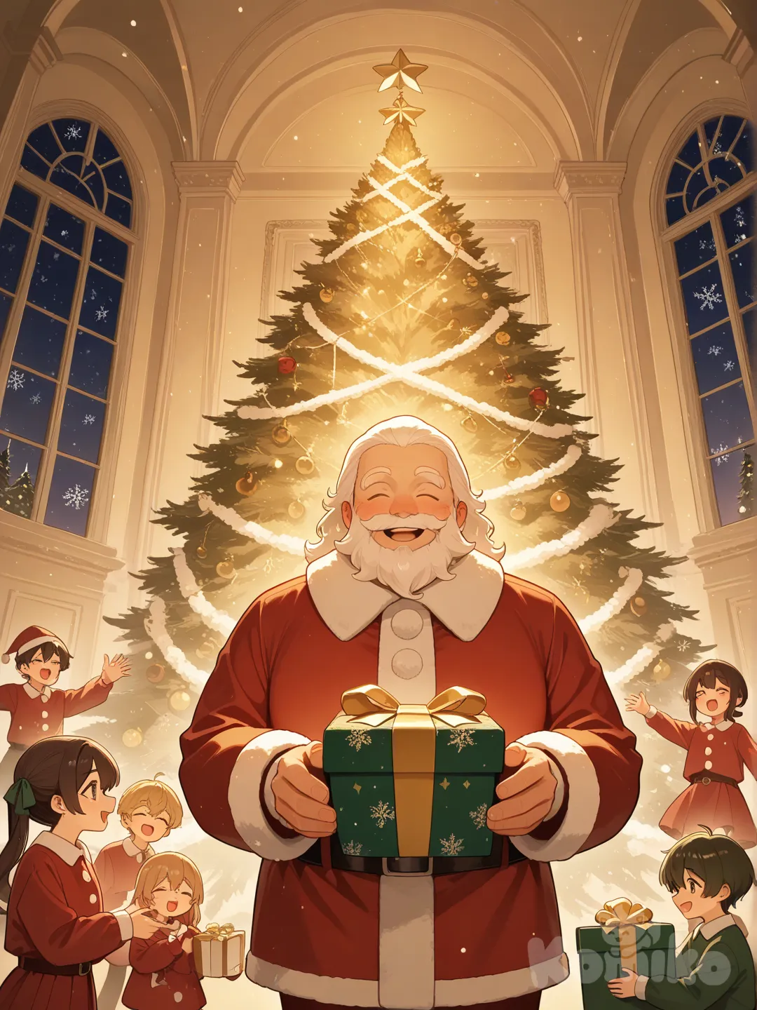 Un fondo navideño con niños recibiendo regalos de Santa Clos