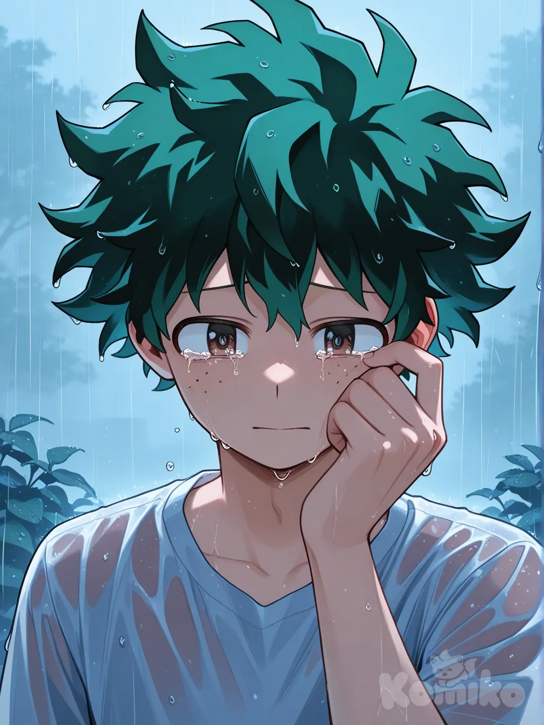 1boy, @Midoriya_Izuku, wiping tears, rainy