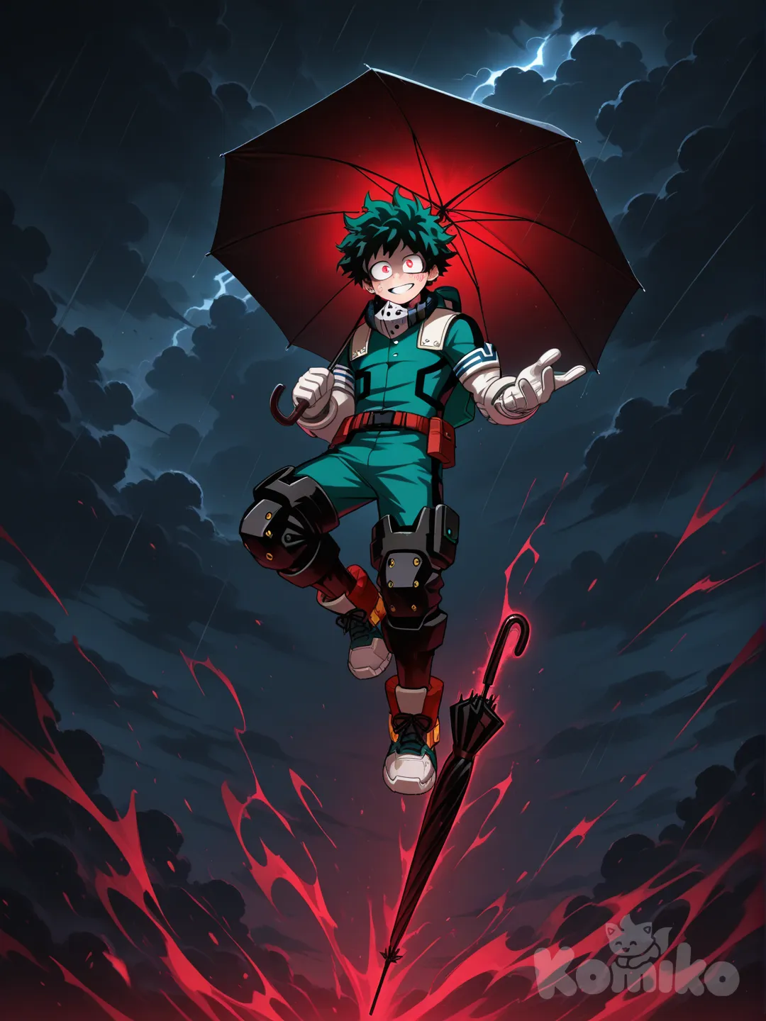 1boy @Midoriya_Izuku levitates gracefully in the air, extending one hand towards the stormy sky while gripping a sleek black umbrella, his intense red-glowing eyes piercing through the darkness as the umbrellas tip emits a matching crimson glow, all while flashing a sinister, evil smile that twists his usually heroic face., 1boy