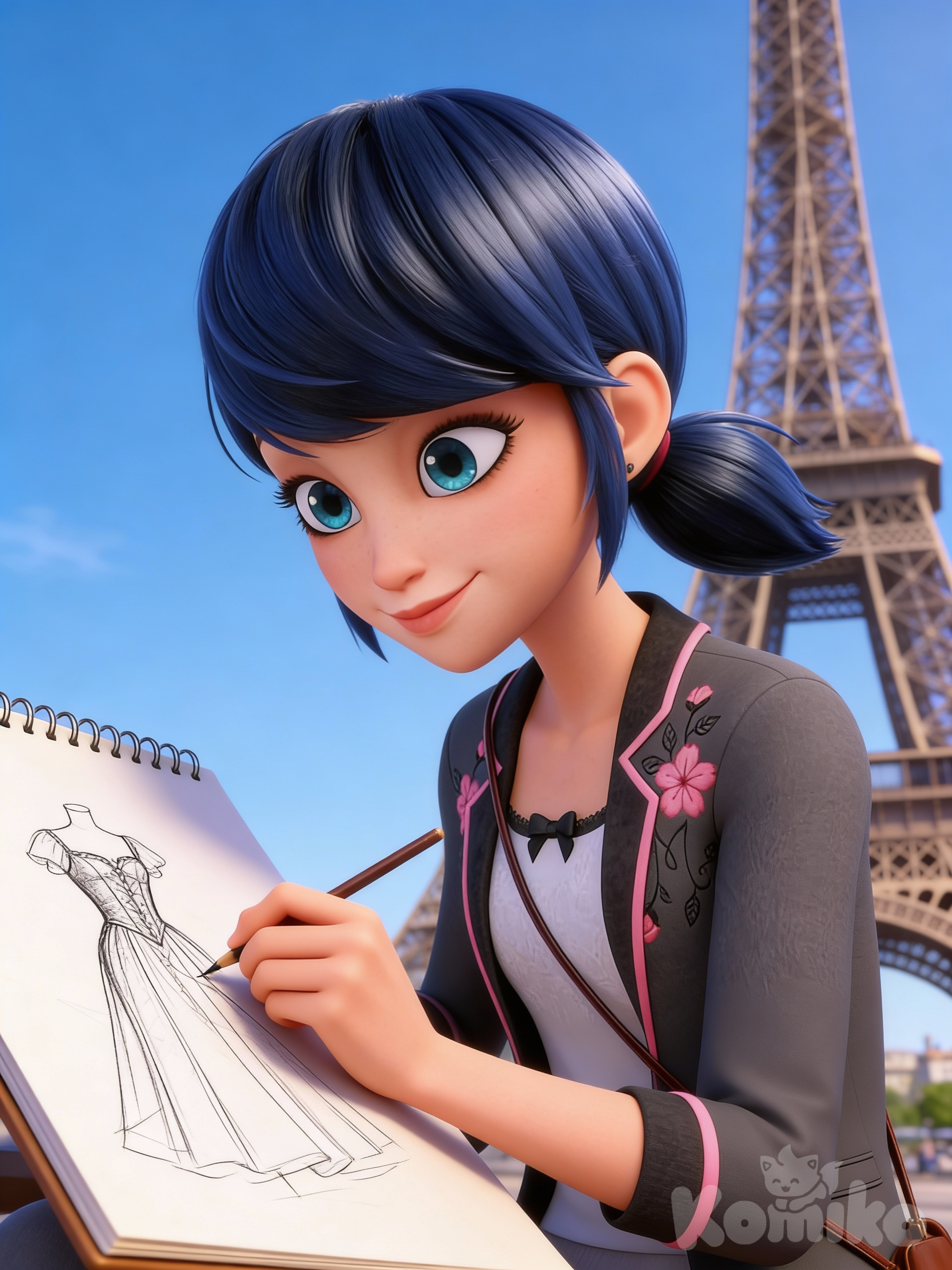 1girl, @marinette-qNFE drawing a dress in front of the Eiffel Tower.