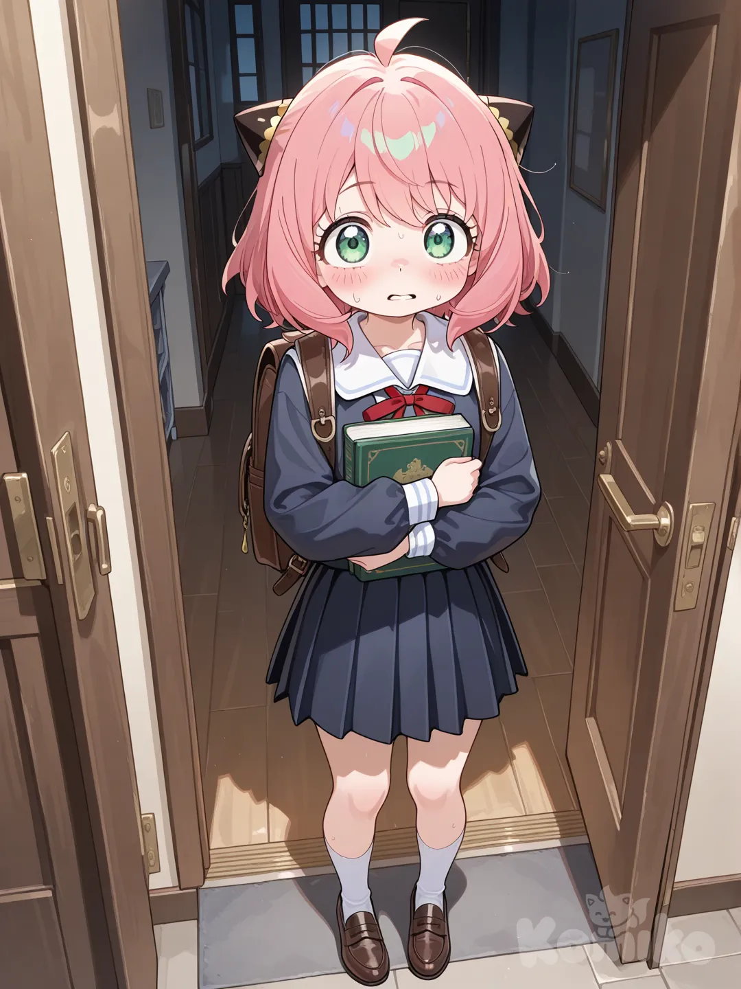 Anya chega em casa suando, com livros na mão, mochila nas costas