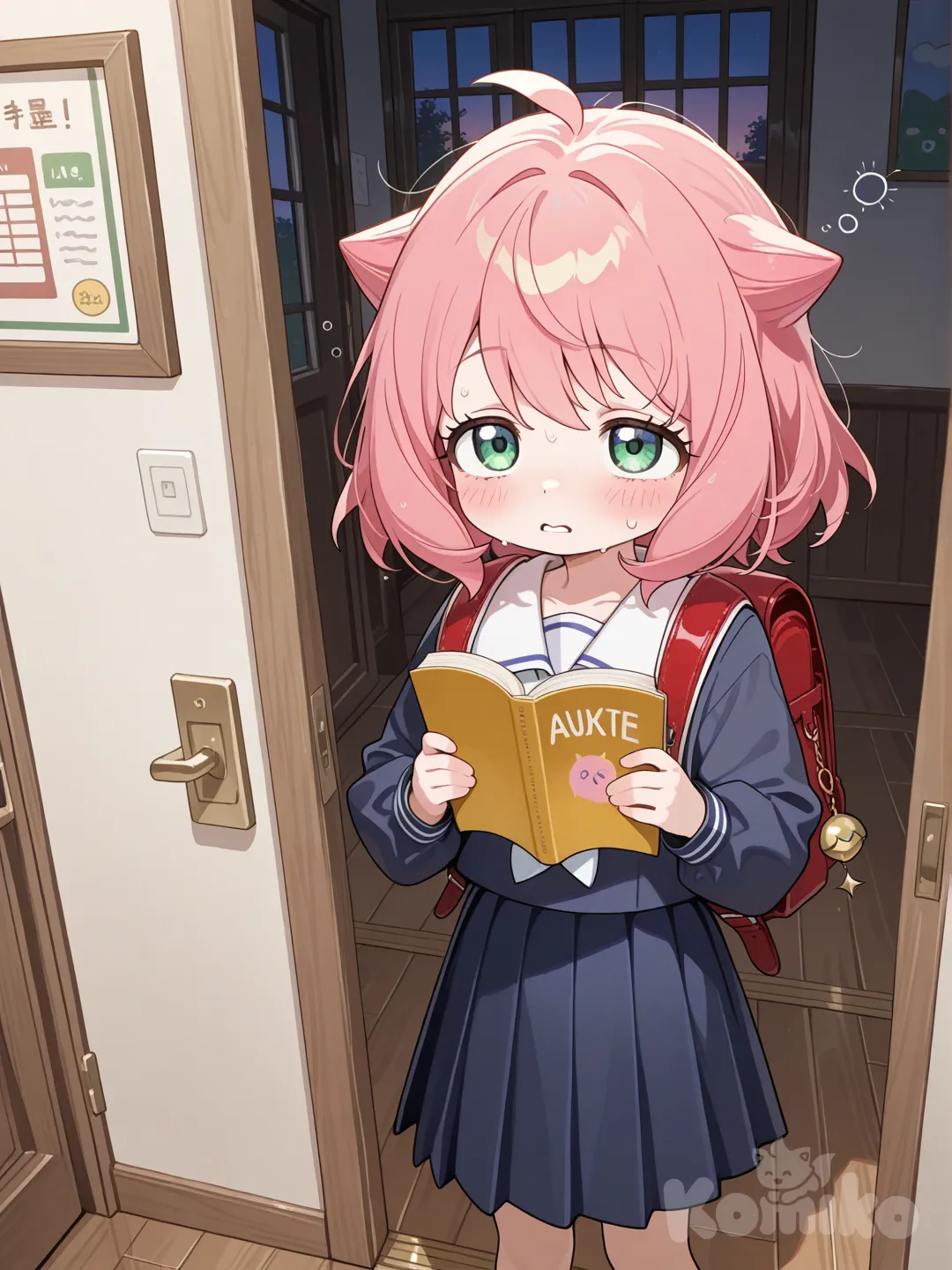 Anya chega em casa cansada, com livros na mão, mochila nas costas