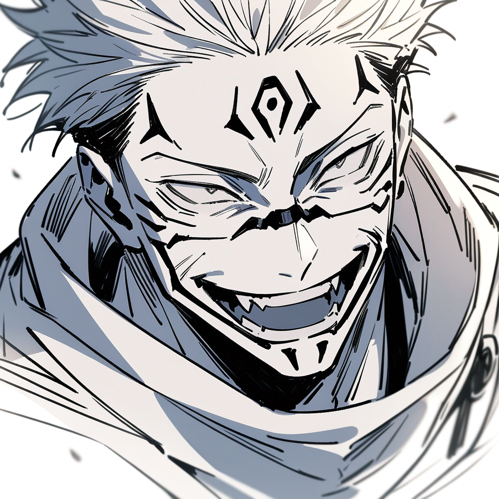Ryoumen Sukuna (Jujutsu Kaisen), line sketch, smirk, laughing, Gojou Satoru, headshot