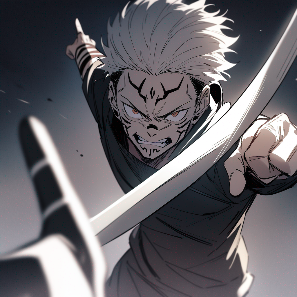Ryoumen Sukuna (Jujutsu Kaisen), line sketch, holding sword, pointing at viewer, angry