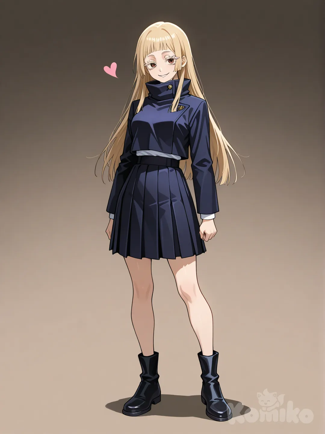 1 girl, jujutsu kaisen style, mappa art style, heart-shaped face, large cute dark brown eyes, thick and voluminous eyelashes, long straight blonde hair, hair parted in the middle, strands framing the face, discreet smile, soft skin, looking at the viewer, high-collar jujutsu uniform, sharp lines, anime aesthetic, full body.
