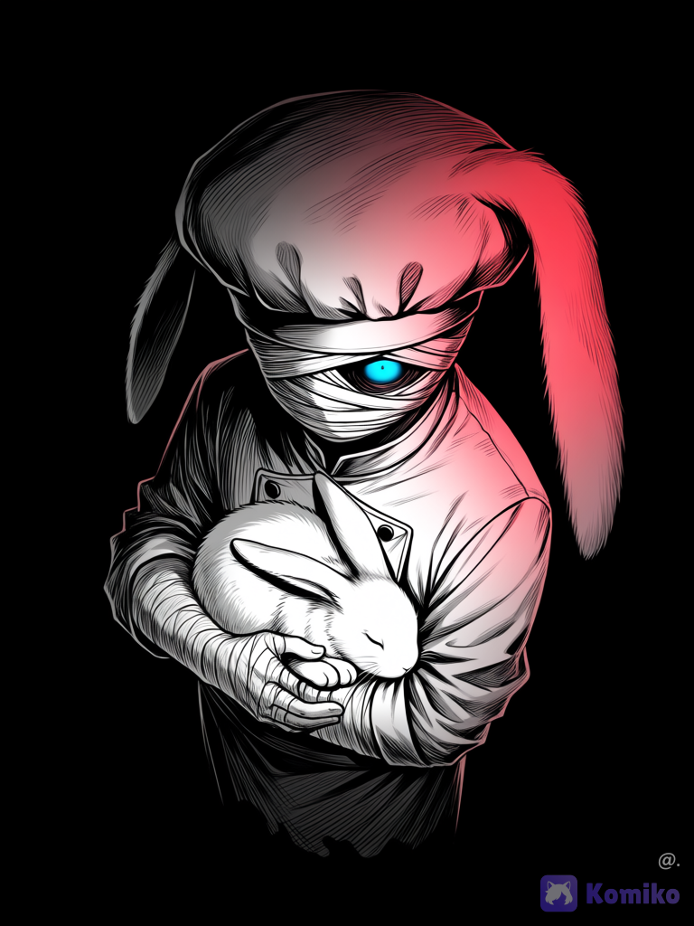 (Estilo visual creepepasta) traslado de líneas de manchas de tinta y bolígrafo, iluminación ligera Rojo carmesi y contraste blanca, sombras muy oscuras.
Conejo, parejas caídas grandes y largas, ropa de chef elegante y gorro desgastados, cuerpo vendado, vendajes cubriendo su rostro dejando un espacio en uno de sus ojos, ojos vacios solo una luz azul, sujetando un conejo de su pecho con su antebrazo y lo acaricia con su otra manos con ternura la cabeza, el conejito permanece profundamente dormido solo es visible ella cabeza y patitas delanteras. Postura un poco de lado con la mirada fija. solo su cabeza y cuello permanecen visibles. Perspectiva más alto que el y muy serca de su rostro, perspectiva en ángulo, (todo el espacio de la imagen es ocupado por su cabeza y cuello), detallado realista, ambiente tensó, [pokemon-style]