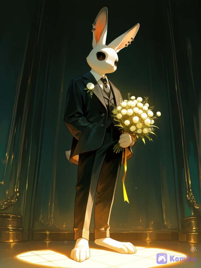 Conejo no antropomorfo, pelaje negro en sus ojos y orejas, con trajecito pequeño, muy elegante con corbata, tres piercig en una oreja, atractivopero no mucho, oscuro, luces debajo de sus patas, perspectiva tres cuartos, postura sobre dos patas, con un ramo de dientes de león[sensual-glossy-style]