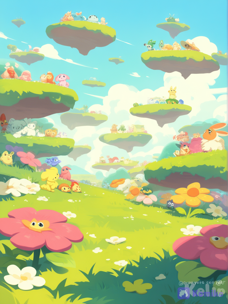 Conejitos, en el mundo de yoshi Islant, vista previa, brillante, colores vivos y suaves, lleno de criaturas del juego[layered-cel-anime-style]