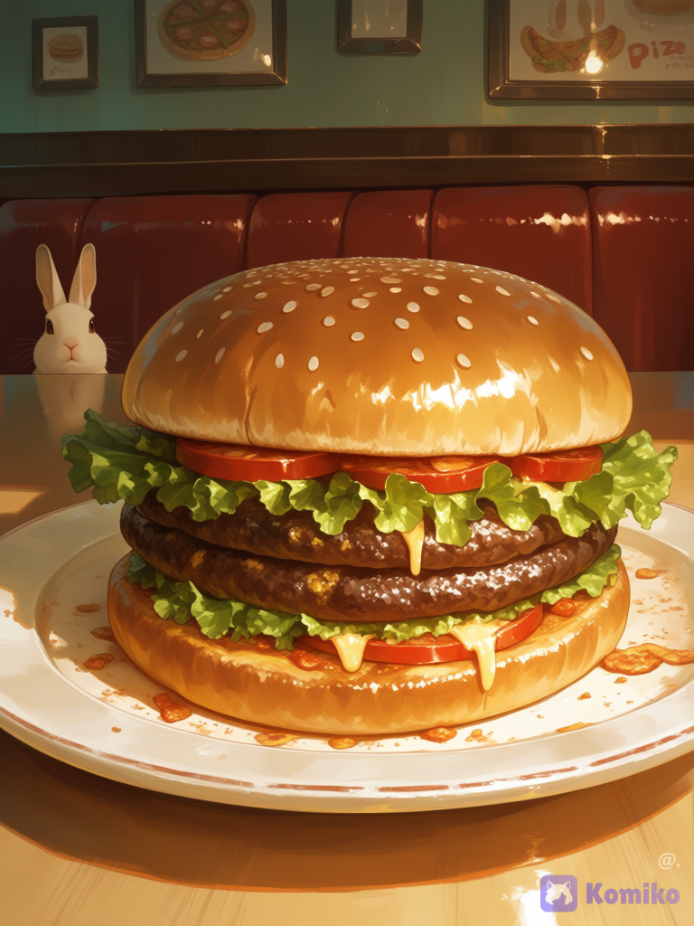 Pozza con ingredientes de conejo y un conejo con apariencia de hamburguesa, en una mesa de restaurante, [sensual-glossy-style]