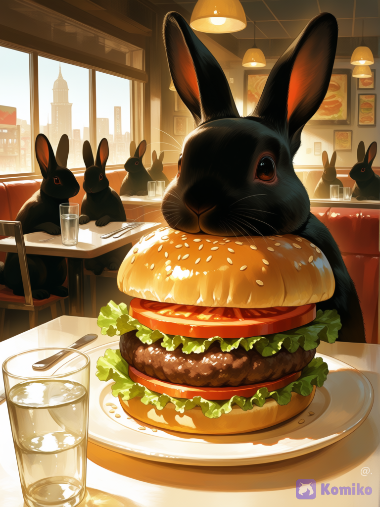 conejo con apariencia de hamburguesa, en una mesa de restaurante, conejosnegros sentados mirando[sensual-glossy-style]