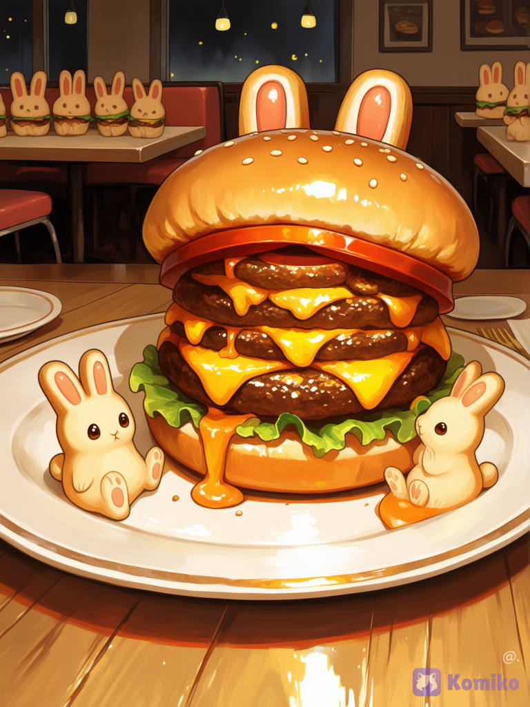 conejo con apariencia de hamburguesa, en una mesa de restaurante, conejos similares a galletas sentados mirando, [sweet-painting-style]
