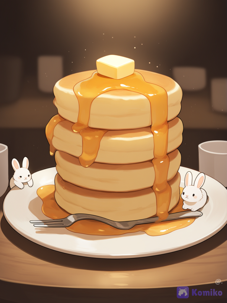 Tres Conejos con pelaje de panqueque, mantequilla en sus cabezas, orejas gruesas y caídas, sobre un plato sosteniendo los cubiertos, ambiente cálido y tierno, sin reflejo luz, gran Della en las posturas, [soft-furry-style]