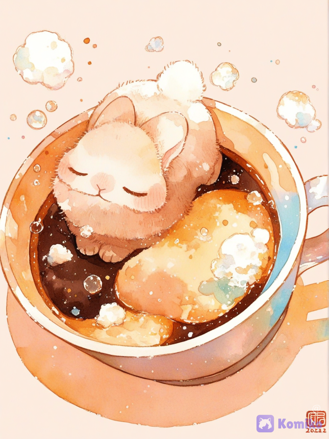 Conejitos dentro de un baso de café con leche caliente relajándose, vapor sobresaliendo, solo permanecen visibles su cabeza y patas[sweet-painting-style]