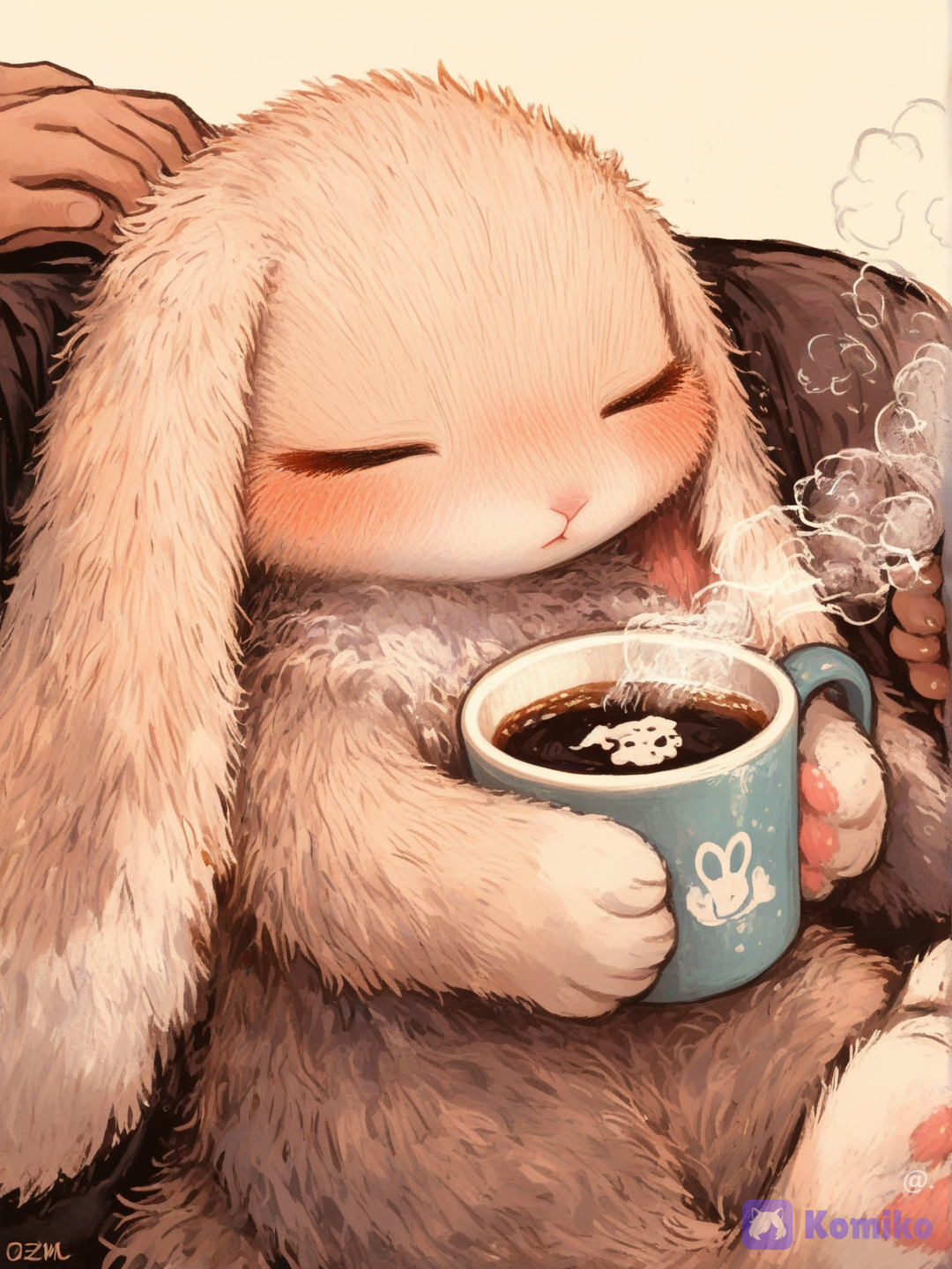 Conejitos dentro de un baso de café con leche caliente relajándose, vapor sobresaliendo, solo permanecen visibles su cabeza y patas[sweet-painting-style]