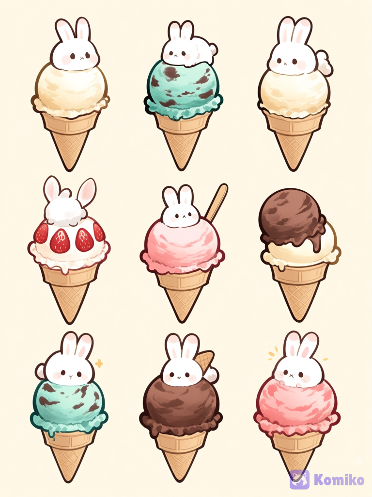 (estilo crema suave) bolas de helado de diferentes sabores formando la figura de un conejo, orejas de cono de cono, [soft-manga-pop-style]