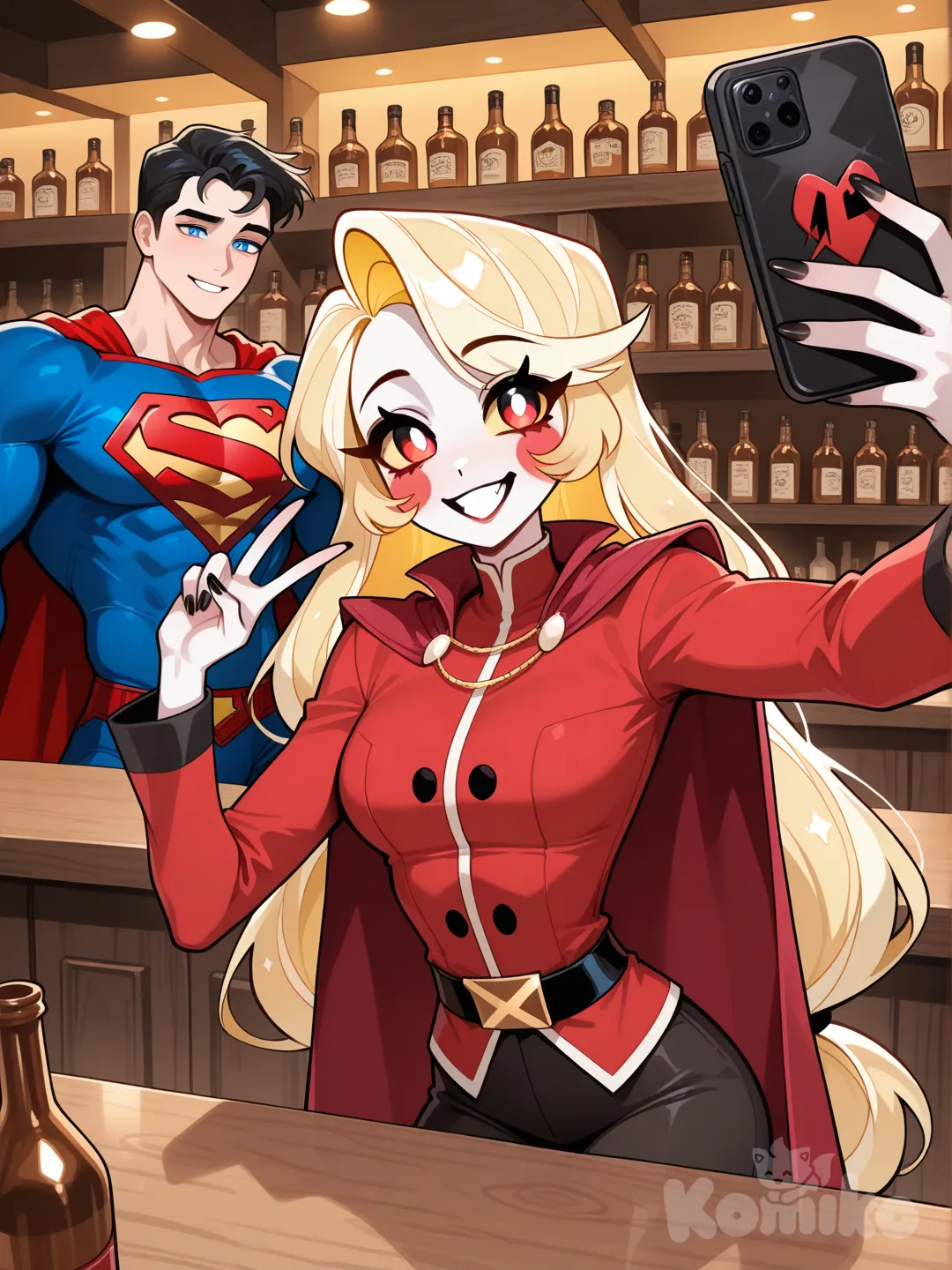 Superman, DC Comics, 1 boy, blue eyes, black hair, short hair, red cape, blue suit, superhero costume, muscular man, bar, large pecs, superhero costume, while taking a selfie with Charlie Morningstar, Hazbin Hotel, 1 girl, demon girl, demon, red eyes, blonde hair, long hair, very long hair, black nails, yellow sclera