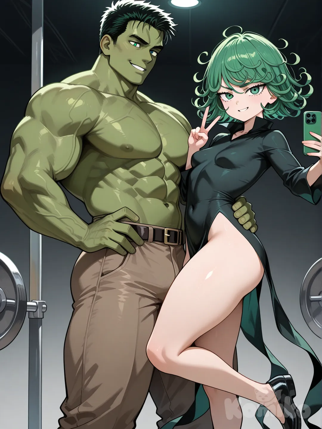 Hulk, Marvel, 1 boy, green skin, black hair, short hair, thick thighs, muscular, very large body almost like a giant, defined abs, barbell, large pecs, shoes, white sleeveless shirt, brown pants, while taking a picture with Tatsumaki, One-Punch Man, 1 girl, green eyes, green hair, short hair, curly hair, small breasts, thighs, black dress