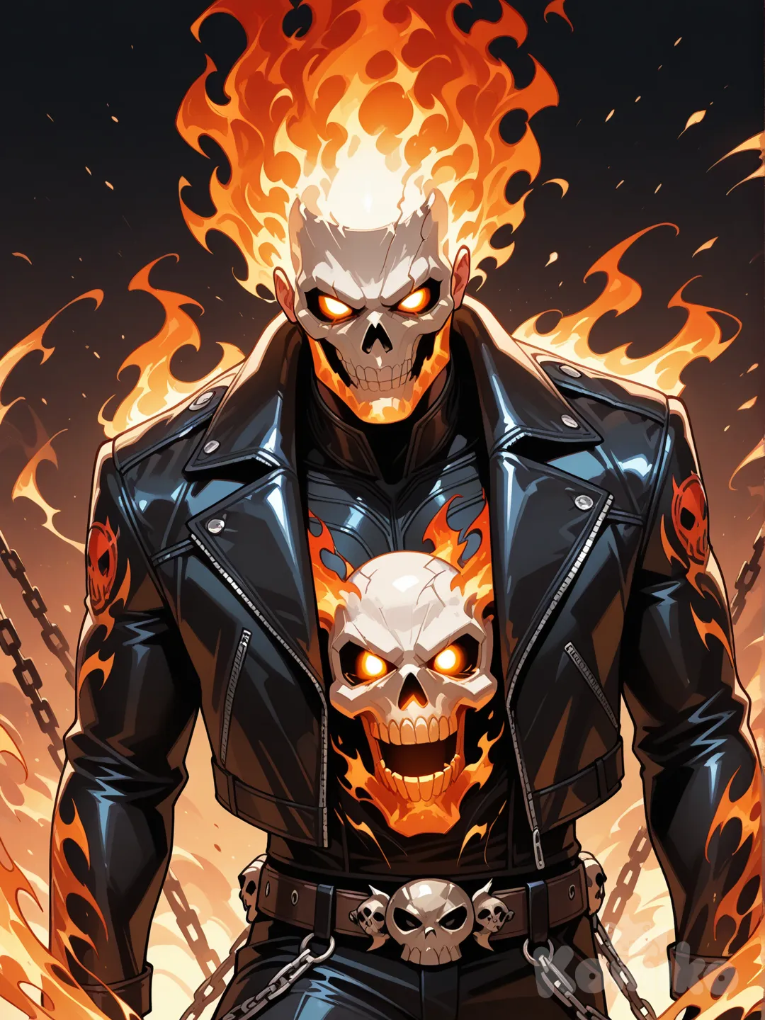 ghost rider, marvel, 1boy, glowing eyes, fiery hair, black jacket, flaming skull, skull, chain
