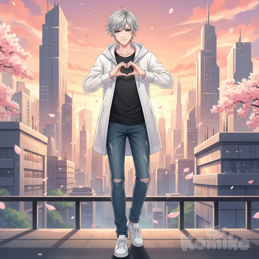 anime boy, handsome character, anime art style,heart hands