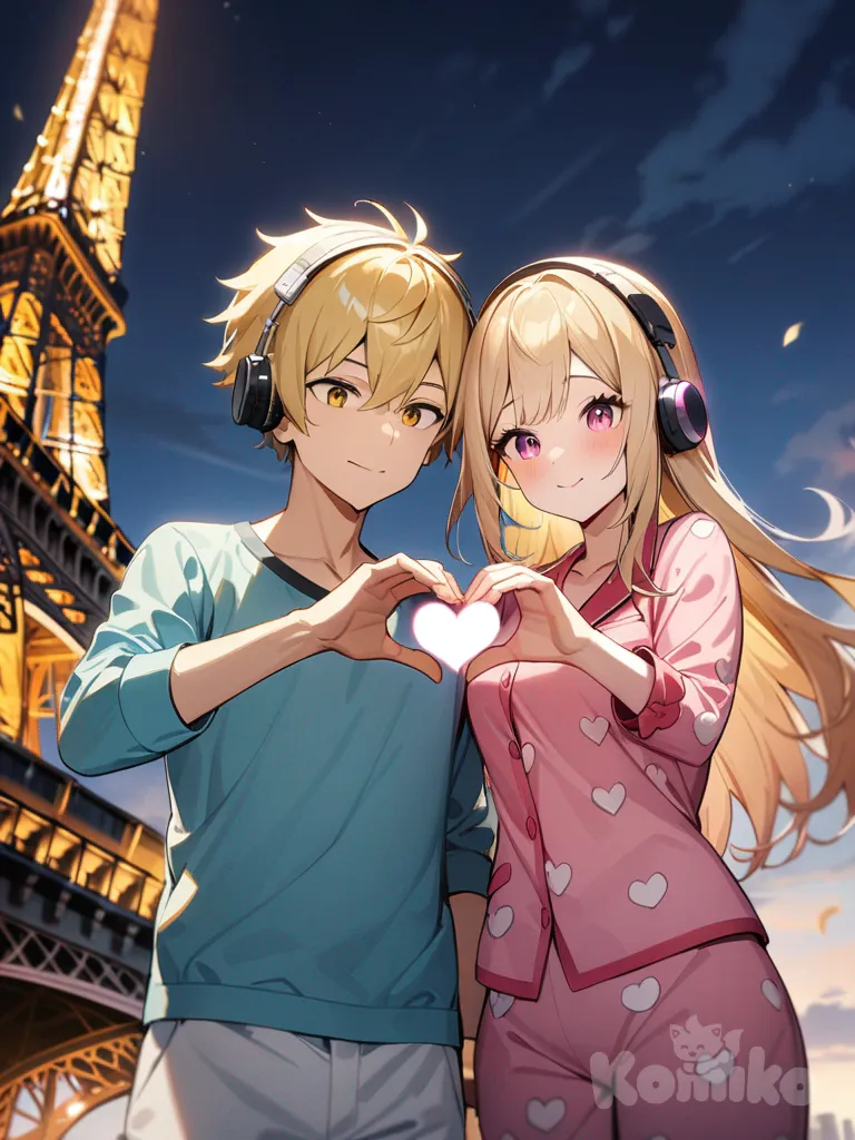 1boy, 1girl, 2people heart hands, eiffel tower behind, maching Pajamas, blonde hair, and headphones