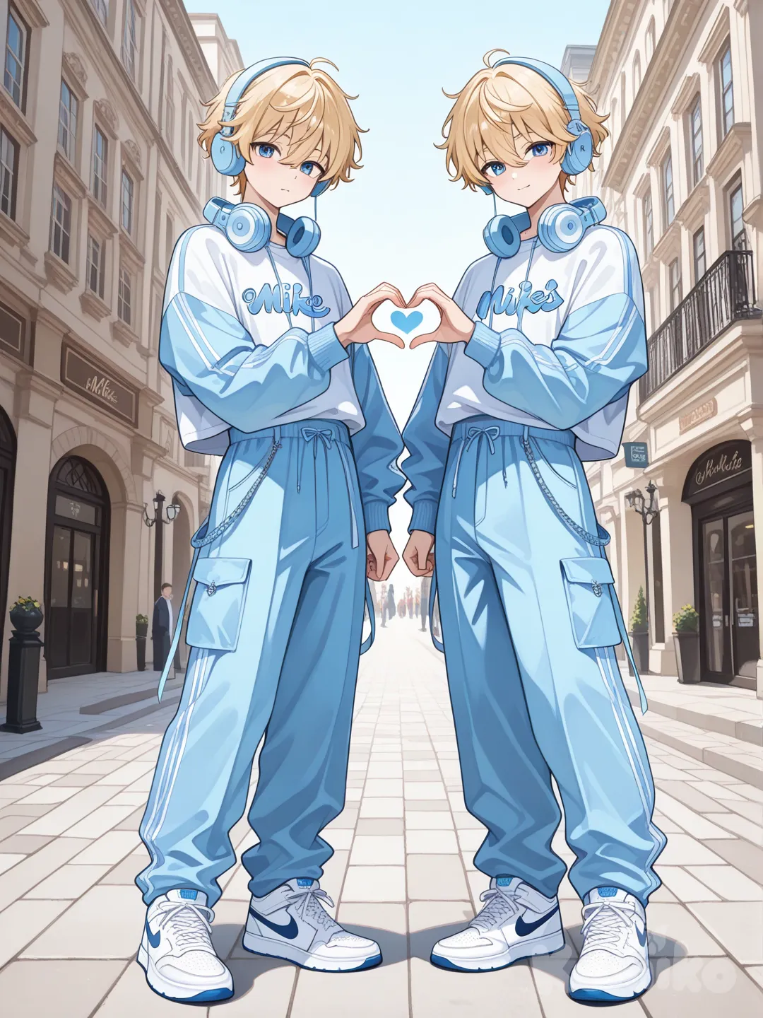 2boys, handsome, matching outfits, nike shoes, heart hands in, paris, blue eyes, headphones,and blonde hair