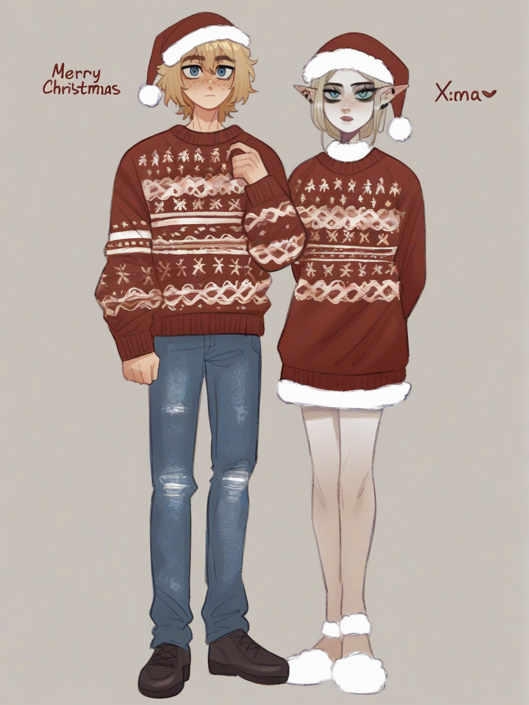 [soft-shaded-moe-style] 1girl, 1boy, angel, elf, slim, muscular, blonde_hair, blue_eyes, freckles, pale_skin, christmas_sweater, jeans, santa_hat, full body, looking at viewer, anime style, simple background, white background