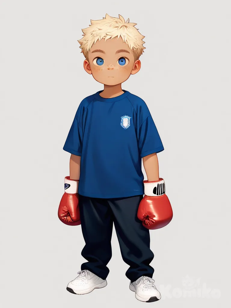 1boy, child, stocky, athletic, blonde hair, blue eyes, freckles, dimple, tan skin, t-shirt, suit pants, boxing gloves, single character, full body, looking at viewer, anime style, simple background, white background
