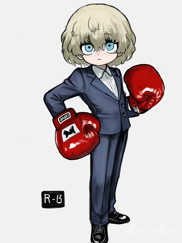[sketchy-painterly-style] 1boy, child, stocky, athletic, blonde hair, blue eyes, freckles, dimple, tan skin, t-shirt, suit pants, boxing gloves, single character, full body, looking at viewer, anime style, simple background, white background