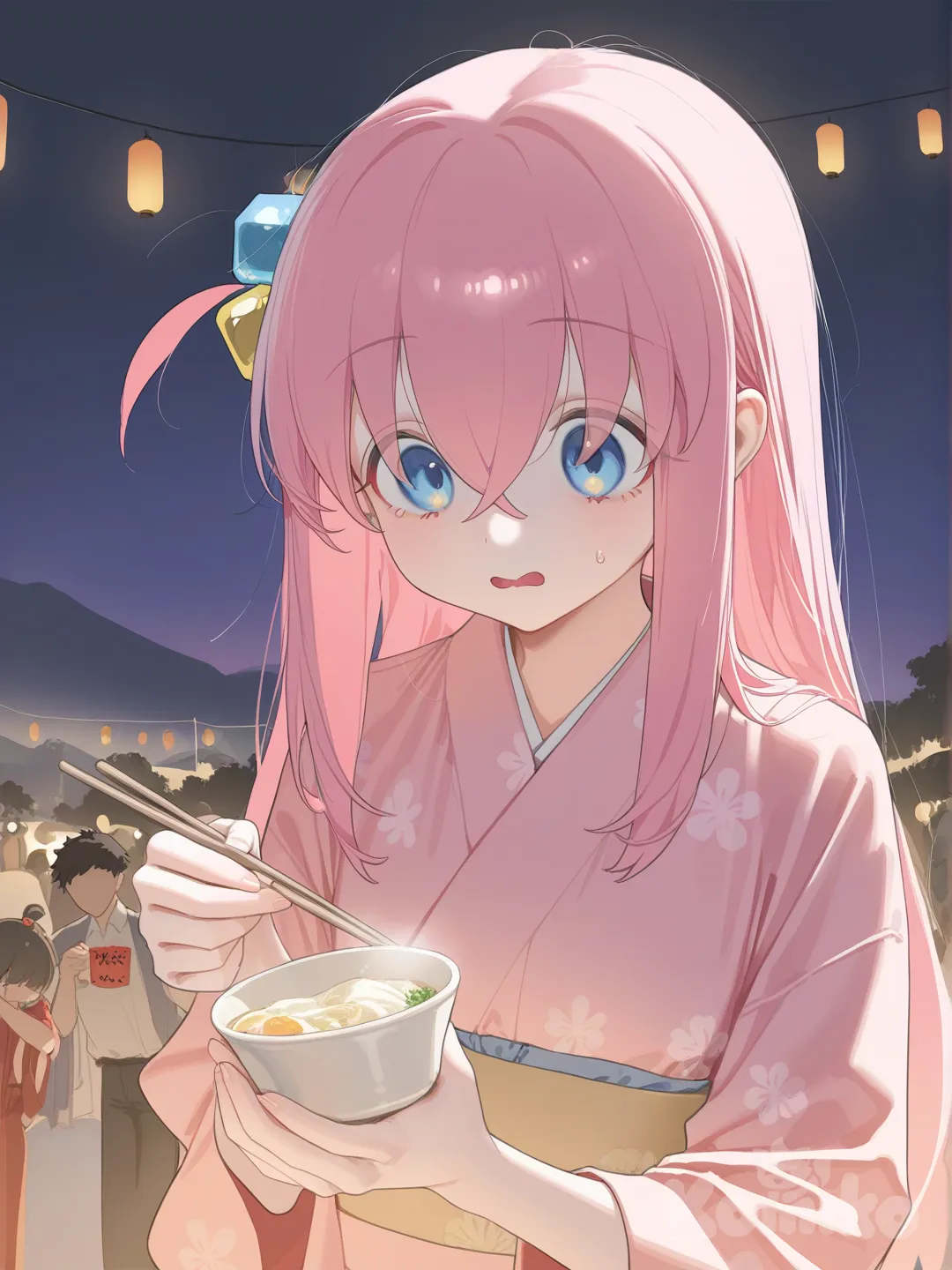 gotoh hitori, pink kimono, summer festival, night