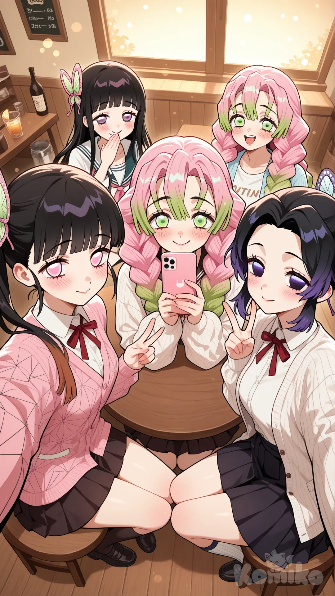 modern anime style, accurate face and body features, sitting together in a cozy café, girl gang vibe, laughing and smiling, playful expressions, close group pose, posing for a selfie, camera shot from upper front angle, Nezuko holding phone for selfie, Kanao calm soft smile, Shinobu elegant gentle smile, Mitsuri blushing happily, Nezuko cheerful bright expression, wearing same modern outfits as previous scene, pastel aesthetic, warm café lighting, soft background blur, clean anime lineart, soft shading, no text, no character should be doubled or replicated, @Kamado_Nezuko, @Kanroji_Mitsuri, @Tsuyuri_Kanao, knitted cardigan, pleated skirt, lace, ruffles, gathering together, cafe, cinematic lighting, looking at viewer, ultra-wide shot, from above, full body, @Kochou_Shinobu