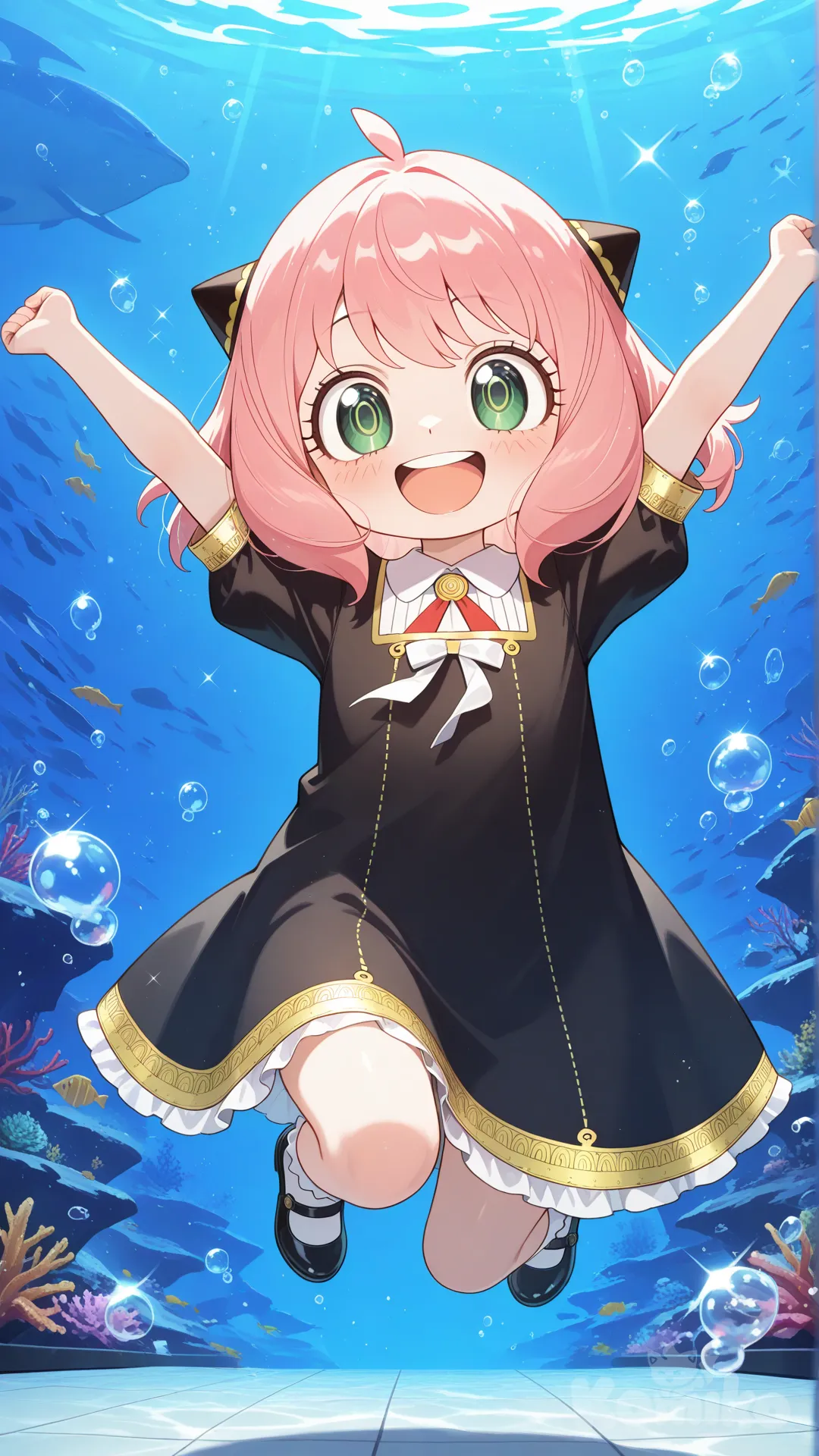 @Anya_(Spy_X_Family)(pink bob-cut hair with short bangs, black horn-shaped hair accessories, large expressive green eyes, small child proportions, Anya’s iconic innocent expressions, anime-style, Anya Forger mid-jump with excitement, anime style, arms raised, joyful open-mouth smile, pink bob-cut hair bouncing, horn accessories visible, wearing her signature black dress, bright cheerful background, dynamic pose, cute energetic vibe, aquarium, sparkle, full body