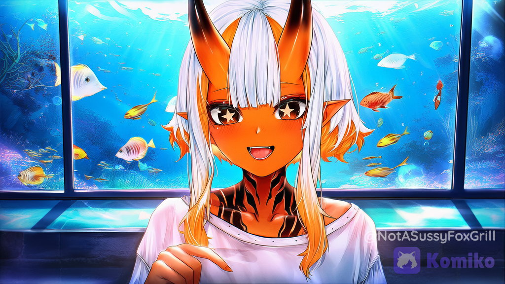 [soft-luminous-anime-style], 1girl, female pov, hand holding, aquarium, glass wall, fish, looking at fish, smile, open mouth, pointing, point at fish, against glass