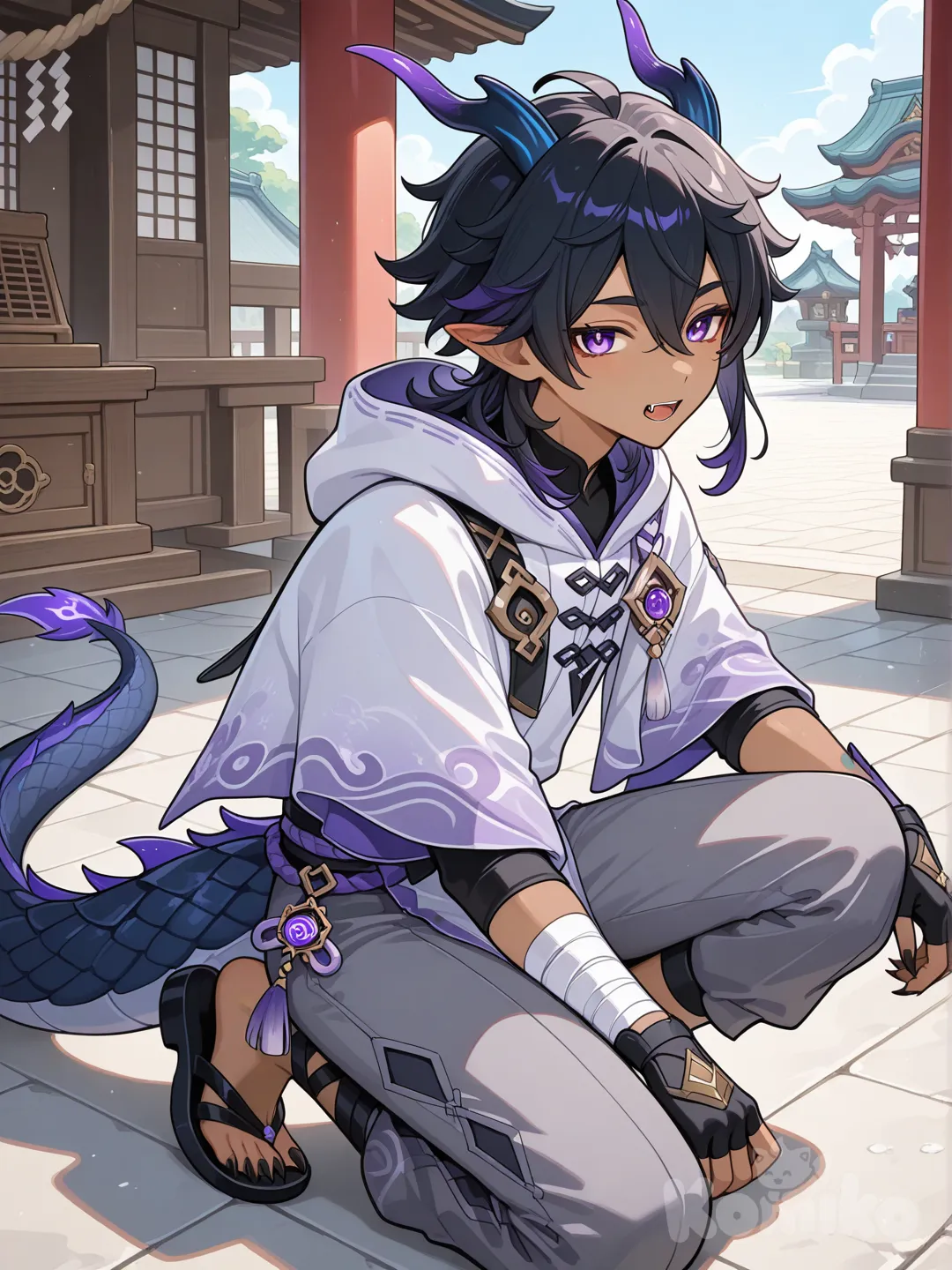 japanese male, tan skin, jet black medium length hair, elf ears, purple eyes, white poncho with hood down, black skin tight undershirt, arm bandages, black fingerless gloves, gray pants, black sandals, claws, fangs, genshin impact style, genshin inazuma, electro vision, dragon horns, dragon tail, dragon scales, shrine, kneeling