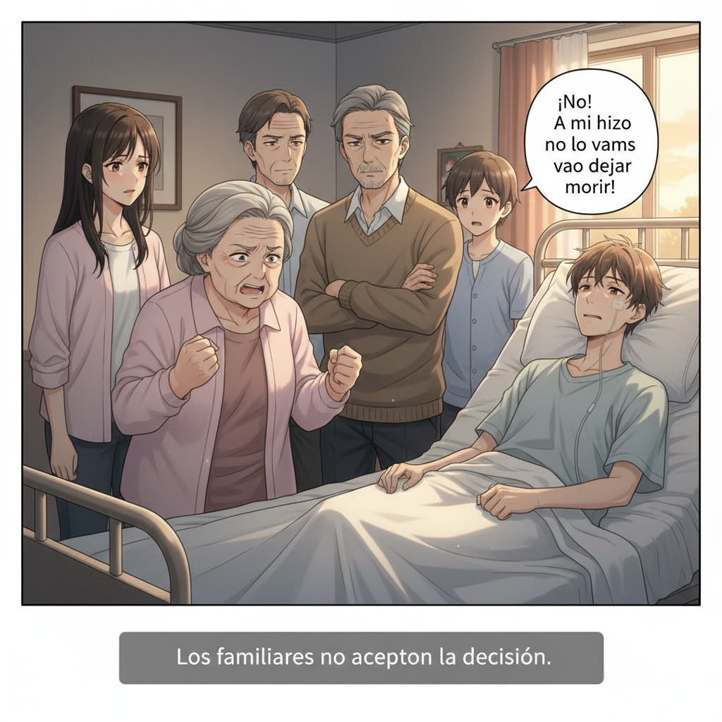 Escena: Juan en su cama, débil, tomando la mano de Matilde.
Personajes: Juan, Matilde.
Diálogo:
Juan: “Prométeme que cuando ya no pueda más, no me conecten a máquinas. Solo quiero estar tranquilo contigo y con Andrés.”
Narrador: Juan deja clara su voluntad.
Viñeta 2 – Matilde reflexiona
Escena: Matilde sola, con lágrimas en los ojos, recordando lo que él le dijo.
Personajes: Matilde.
Diálogo:
Matilde (pensando): “Él fue muy claro conmigo… yo sé lo que quería.”
Narrador: La esposa conoce la voluntad de su pareja.
Viñeta 3 – La familia en desacuerdo
Escena: Los padres y hermanos alrededor de la cama, con expresiones tensas.
Personajes: Madre, padre, hermanos, Matilde.
Diálogo:
Madre: “¡No! A mi hijo no lo vamos a dejar morir así. Exijo que lo atiendan con todo lo que haya.”
Narrador: Los familiares no aceptan la decisión.
Viñeta 4 – Médico aclara la situación
Escena: El médico frente a la familia, con expresión seria.
Personajes: Médico, Matilde, padres.
Diálogo:
Médico: “El problema es que no existe un documento escrito de voluntad anticipada. Legalmente debemos escuchar a toda la familia.”
Narrador: La falta de un documento complica las decisiones.
Viñeta 5 – Dilema ético en el equipo de salud
Escena: Pasillo del hospital, médicos y enfermera conversando con preocupación.
Personajes: Enfermera, médico.
Diálogo:
Enfermera: “Reanimarlo solo aumentará su sufrimiento.”
Médico: “Pero la familia insiste, y nos presionan para trasladarlo a UCI.”
Narrador: Surge un conflicto ético entre prolongar la vida o respetar la dignidad.
Viñeta 6 – Objeción de conciencia
Escena: Enfermera discutiendo con gesto de frustración.
Personajes: Enfermera.
Diálogo:
Enfermera: “Esto no es cuidado, es prolongar la agonía de un paciente sin posibilidades de recuperación.”
Narrador: Parte del equipo rechaza la decisión.
Viñeta 7 – Exigencia del padre
Escena: Padre alterado, levantando la voz.
Personajes: Padre, médico.
Diálogo:
Padre: “¡Exijo que lo lleven a UCI! No lo dejen morir en casa como si nada.”
Narrador: La presión familiar aumenta.
Viñeta 8 – Ingreso a UCI
Escena: Juan intubado y conectado a monitores en la UCI.
Personajes: Juan, personal de salud.
Narrador: “Juan fue intubado e ingresó a la UCI. Iniciaba así la fase de agonía avanzada.”
Viñeta 9 – Signos de agonía
Escena: Primeros signos visibles: cianosis, respiración asistida, fármacos.
Personajes: Juan, enfermera observando.
Narrador: “Cianosis, respiración artificial sin respuesta, dependencia de vasopresores. El cuerpo mostraba el final inevitable.”
Viñeta 10 – Dolor de Matilde
Escena: Matilde junto a la cama, sosteniendo la mano de Juan.
Personajes: Matilde, Juan.
Diálogo:
Matilde (llorando): “Esto no es lo que él quería… él quería paz, no máquinas.”
Viñeta 11 – La úlcera terminal
Escena: Enfermera mostrando la lesión a la familia.
Personajes: Hermana, enfermera.
Diálogo:
Hermana: “¡Miren esa llaga! No lo cuidaron bien.”
Enfermera: “No es descuido, es una úlcera terminal de Kennedy, signo del proceso natural de muerte.”
Viñeta 12 – Comunicación difícil
Escena: Discusión frente a la cama de Juan.
Personajes: Matilde, padre, médico.
Diálogo:
Matilde: “Les suplico que respeten lo que él pidió: no más tubos ni procedimientos invasivos.”
Padre: “¡No puedo aceptar que lo dejen morir así!”
Viñeta 13 – Mediación del médico
Escena: Médico hablando con firmeza frente a la familia.
Personajes: Médico, padres, Matilde.
Diálogo:
Médico: “Entiendo su dolor, pero los tratamientos ya no cambian el desenlace. Solo alargan su sufrimiento.”
Viñeta 14 – El desenlace
Escena: Monitor plano, Matilde abrazando a Andrés, los padres cabizbajos.
Narrador: “Juan falleció en la UCI, conectado a las máquinas, sin que su voluntad fuera plenamente respetada.”
Viñeta 15 – Reflexión final
Escena: Fondo con velas encendidas y mensaje escrito.
Narrador: “La ausencia de voluntad anticipada llevó a un final con más dolor. El cuidado paliativo busca dignidad y calidad de vida, no prolongar la agonía.”
