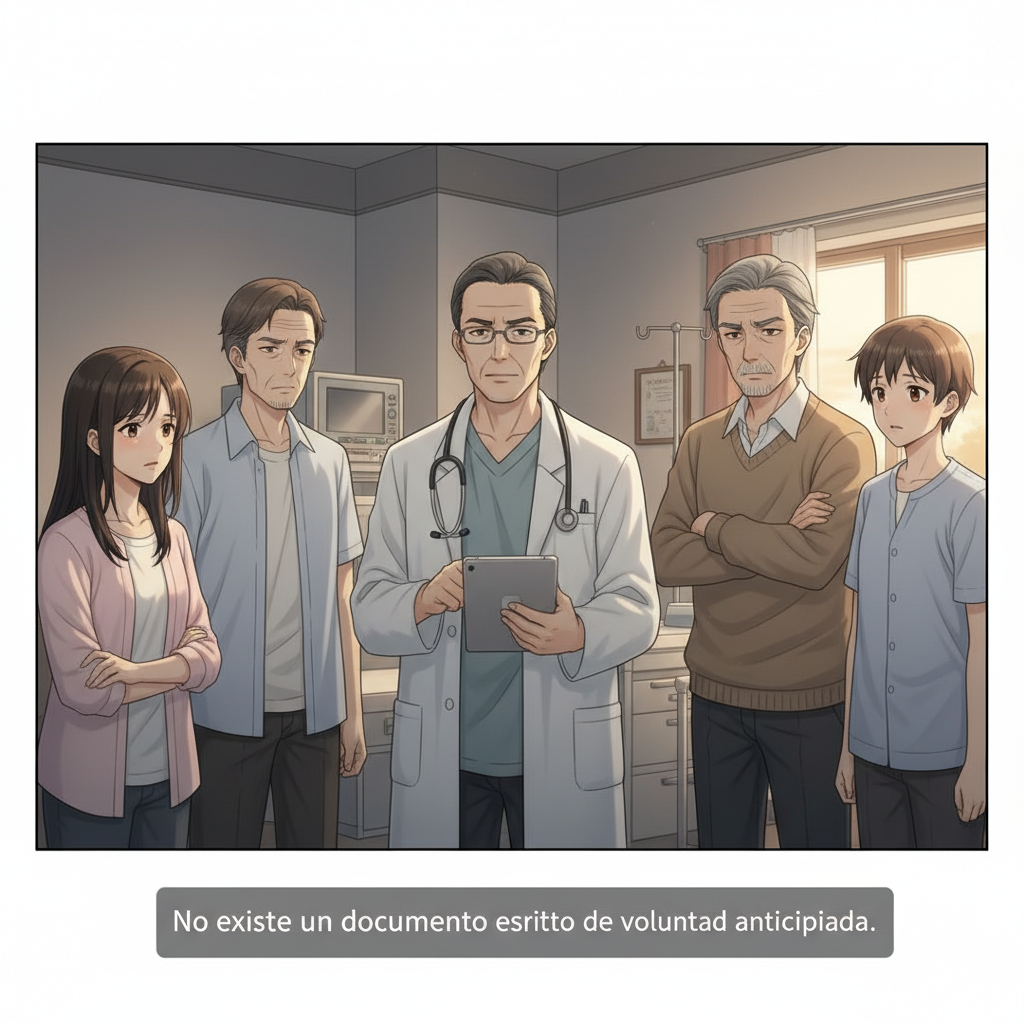 Escena: Juan en su cama, débil, tomando la mano de Matilde.
Personajes: Juan, Matilde.
Diálogo:
Juan: “Prométeme que cuando ya no pueda más, no me conecten a máquinas. Solo quiero estar tranquilo contigo y con Andrés.”
Narrador: Juan deja clara su voluntad.
Viñeta 2 – Matilde reflexiona
Escena: Matilde sola, con lágrimas en los ojos, recordando lo que él le dijo.
Personajes: Matilde.
Diálogo:
Matilde (pensando): “Él fue muy claro conmigo… yo sé lo que quería.”
Narrador: La esposa conoce la voluntad de su pareja.
Viñeta 3 – La familia en desacuerdo
Escena: Los padres y hermanos alrededor de la cama, con expresiones tensas.
Personajes: Madre, padre, hermanos, Matilde.
Diálogo:
Madre: “¡No! A mi hijo no lo vamos a dejar morir así. Exijo que lo atiendan con todo lo que haya.”
Narrador: Los familiares no aceptan la decisión.
Viñeta 4 – Médico aclara la situación
Escena: El médico frente a la familia, con expresión seria.
Personajes: Médico, Matilde, padres.
Diálogo:
Médico: “El problema es que no existe un documento escrito de voluntad anticipada. Legalmente debemos escuchar a toda la familia.”
Narrador: La falta de un documento complica las decisiones.
Viñeta 5 – Dilema ético en el equipo de salud
Escena: Pasillo del hospital, médicos y enfermera conversando con preocupación.
Personajes: Enfermera, médico.
Diálogo:
Enfermera: “Reanimarlo solo aumentará su sufrimiento.”
Médico: “Pero la familia insiste, y nos presionan para trasladarlo a UCI.”
Narrador: Surge un conflicto ético entre prolongar la vida o respetar la dignidad.
Viñeta 6 – Objeción de conciencia
Escena: Enfermera discutiendo con gesto de frustración.
Personajes: Enfermera.
Diálogo:
Enfermera: “Esto no es cuidado, es prolongar la agonía de un paciente sin posibilidades de recuperación.”
Narrador: Parte del equipo rechaza la decisión.
Viñeta 7 – Exigencia del padre
Escena: Padre alterado, levantando la voz.
Personajes: Padre, médico.
Diálogo:
Padre: “¡Exijo que lo lleven a UCI! No lo dejen morir en casa como si nada.”
Narrador: La presión familiar aumenta.
Viñeta 8 – Ingreso a UCI
Escena: Juan intubado y conectado a monitores en la UCI.
Personajes: Juan, personal de salud.
Narrador: “Juan fue intubado e ingresó a la UCI. Iniciaba así la fase de agonía avanzada.”
Viñeta 9 – Signos de agonía
Escena: Primeros signos visibles: cianosis, respiración asistida, fármacos.
Personajes: Juan, enfermera observando.
Narrador: “Cianosis, respiración artificial sin respuesta, dependencia de vasopresores. El cuerpo mostraba el final inevitable.”
Viñeta 10 – Dolor de Matilde
Escena: Matilde junto a la cama, sosteniendo la mano de Juan.
Personajes: Matilde, Juan.
Diálogo:
Matilde (llorando): “Esto no es lo que él quería… él quería paz, no máquinas.”
Viñeta 11 – La úlcera terminal
Escena: Enfermera mostrando la lesión a la familia.
Personajes: Hermana, enfermera.
Diálogo:
Hermana: “¡Miren esa llaga! No lo cuidaron bien.”
Enfermera: “No es descuido, es una úlcera terminal de Kennedy, signo del proceso natural de muerte.”
Viñeta 12 – Comunicación difícil
Escena: Discusión frente a la cama de Juan.
Personajes: Matilde, padre, médico.
Diálogo:
Matilde: “Les suplico que respeten lo que él pidió: no más tubos ni procedimientos invasivos.”
Padre: “¡No puedo aceptar que lo dejen morir así!”
Viñeta 13 – Mediación del médico
Escena: Médico hablando con firmeza frente a la familia.
Personajes: Médico, padres, Matilde.
Diálogo:
Médico: “Entiendo su dolor, pero los tratamientos ya no cambian el desenlace. Solo alargan su sufrimiento.”
Viñeta 14 – El desenlace
Escena: Monitor plano, Matilde abrazando a Andrés, los padres cabizbajos.
Narrador: “Juan falleció en la UCI, conectado a las máquinas, sin que su voluntad fuera plenamente respetada.”
Viñeta 15 – Reflexión final
Escena: Fondo con velas encendidas y mensaje escrito.
Narrador: “La ausencia de voluntad anticipada llevó a un final con más dolor. El cuidado paliativo busca dignidad y calidad de vida, no prolongar la agonía.”