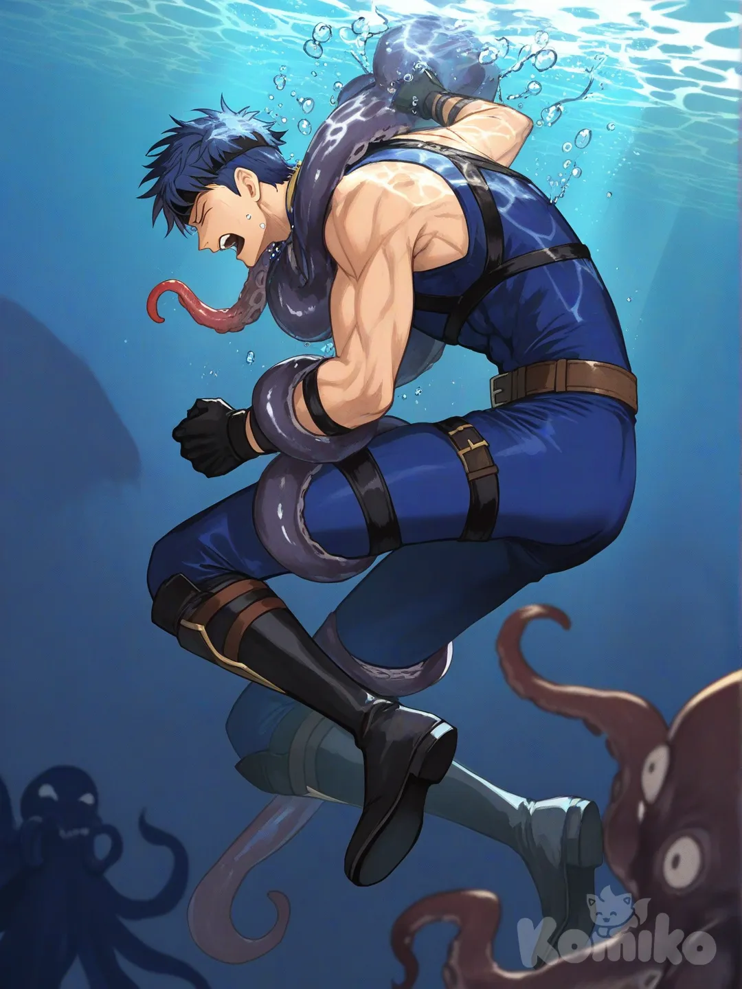 1boy, 1boy, 2people, fighting, superhero vs villain, superhero vs monster, human vs monster, confront, drowning, under the sea, deep sea water, dark, depth of field

Characters :
First person : Ike, fire emblem, muscular, has a short dark blue hair, blue eyes, light skin, black gloves, he's wearing three tone blue with black and white strap tight suit , superhero suit, adult, [serious-man-style], full body, underwater background, wet, superhero, eye closed, catch, chock

Second person : monster, villain, kraken, sticky, flexible, octopus, tentacles, angry, glow-in-the-dark, dangerous, aggressive