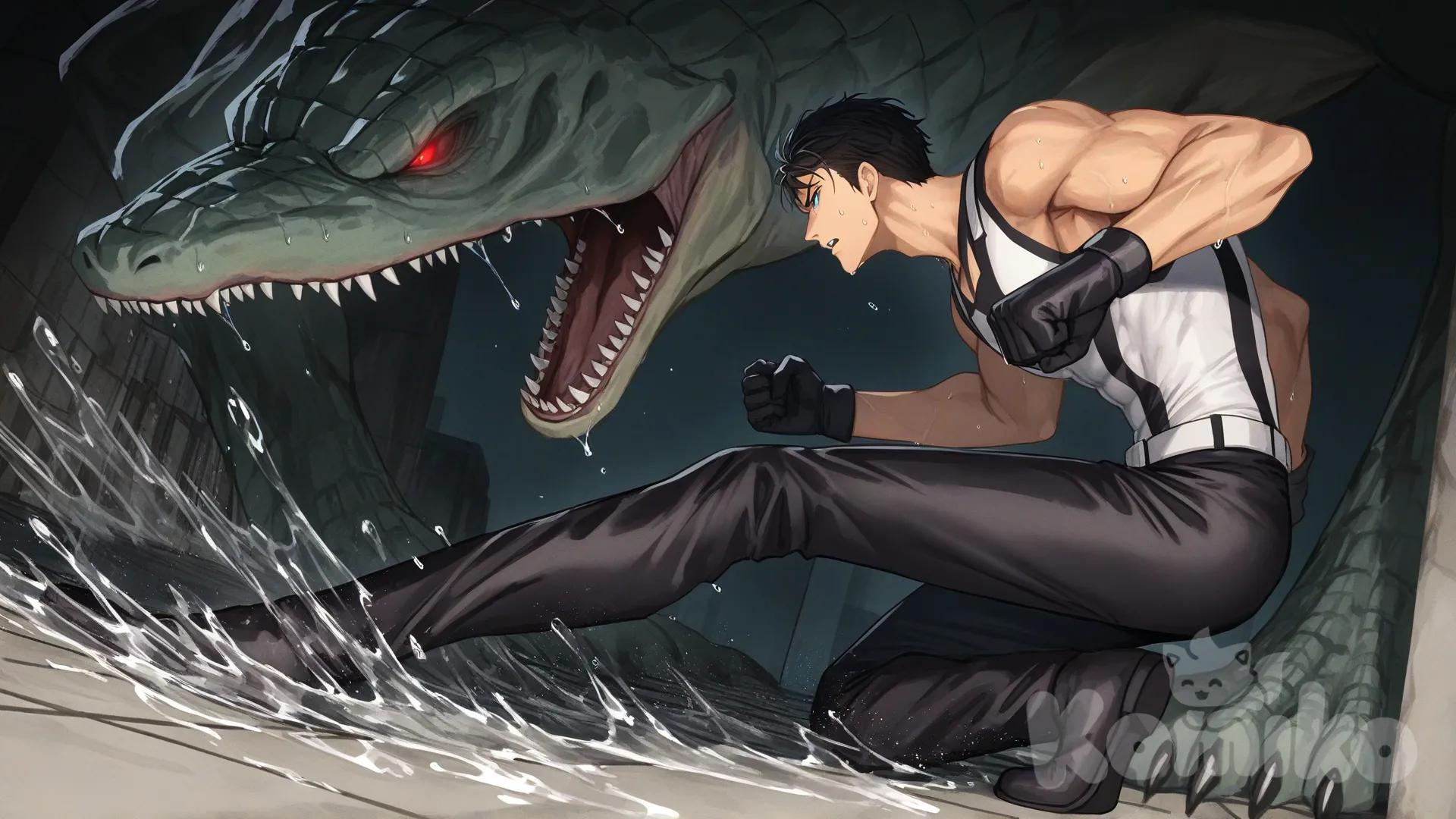 1boy, 1boy, 2people, fighting, superhero vs villain, superhero vs monster, human vs monster, confront, in city sewer, combat,

Characters :
First person : Yamazaki Sousuke, free! anime, has a short black hair, blue eyes, light skin, black gloves, he's wearing two tone black with white strap tight suit, superhero suit, adult, [serious-man-style], full body, sewer wall background, wet, superhero, clenched fist, fighting stance, distance, 

Second person : villain, crocodile monster, massive size, sharp teeth, sharp claw, sewer monster, catch, dangerous, red eyes, confront, anime style