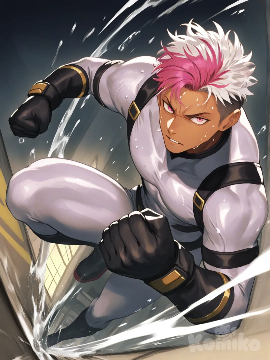 1boy, fighting, superhero, in city sewer

Characters :
First person : Yuuto Nakajima, Jock Studio, has a white & pink gradient spiky hair with dark brown undercut, pink eyes, tan skin, black gloves, he's wearing three tone white with black and gold strap tight suit, superhero suit, adult, [serious-man-style], full body, sewer background, wet, superhero, clenched fist, stance, distance, looking at viewer