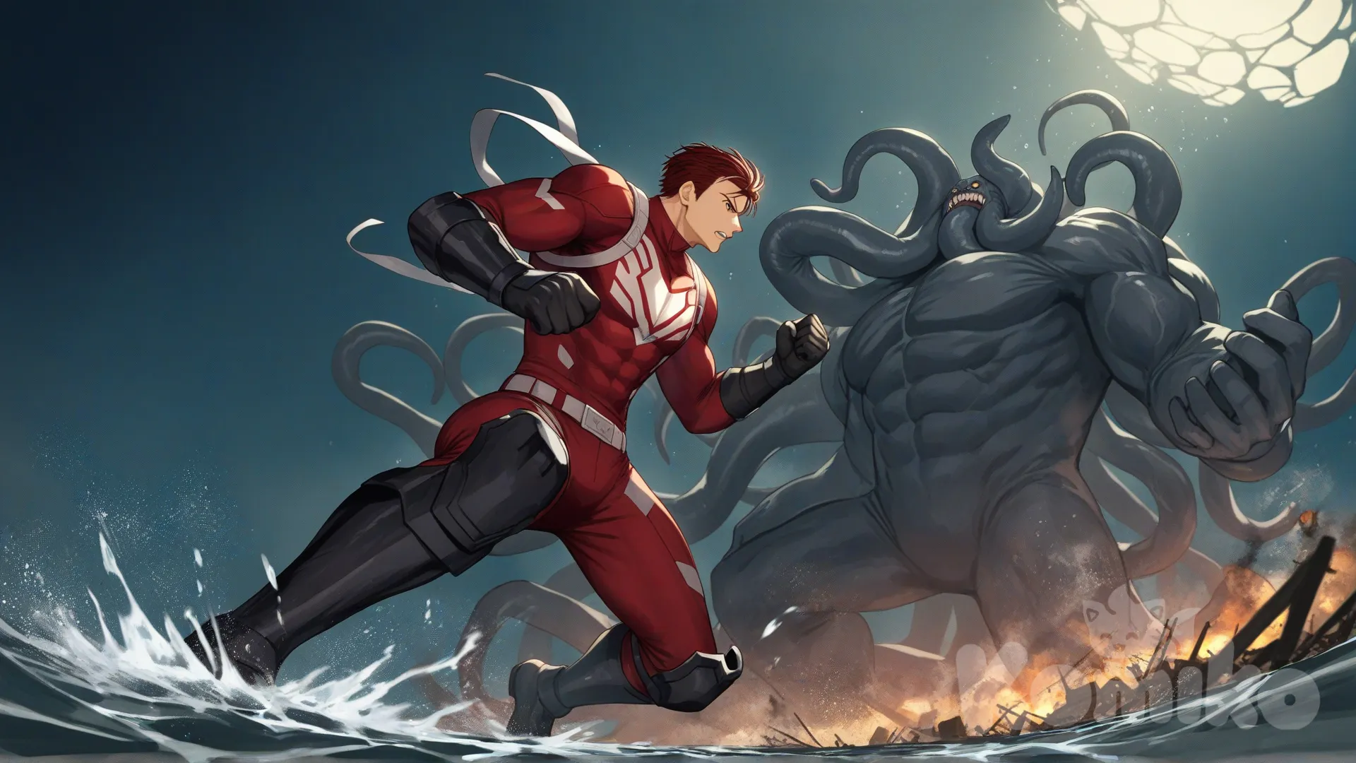 2people, superhero vs villain, superhero vs monster, rampage, harbor, water, damage building, confront, from below, 

Characters:
First character: Superhero, Derek Kingsfield, Jock Studio, giant body, short dark red hair, brown eyes, warm peach skin tone, black gloves, he's wearing three tone red with black and white strap tight suit, superhero suit, [serious-man-style], full body, finishing attack,

Second character: Villain, giant kraken, floating on the water, big tentacles, in shell, poison fog, rampage