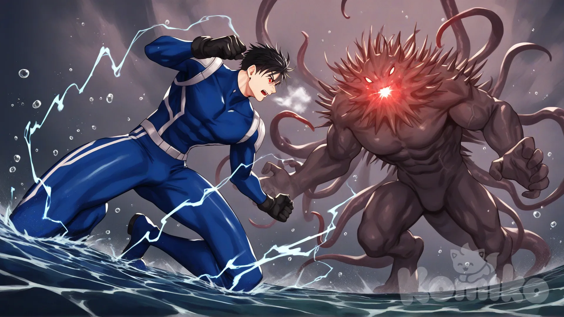2people, superhero vs villain, superhero vs monster, rampage, ocean, deep sea, under water, confront, from below, 

Characters:
First character: Superhero, Avan Geiserford, Jock Studio, giant body, black hair, cyan eyes, fair skin tone, black gloves, he's wearing three tone blue with black and white strap tight suit, superhero suit, [serious-man-style], full body, holding breath, 

Second character: Villain, giant monster, mollusca, spiked shell, crawling, red eyes, tentacles, rampage, electricity