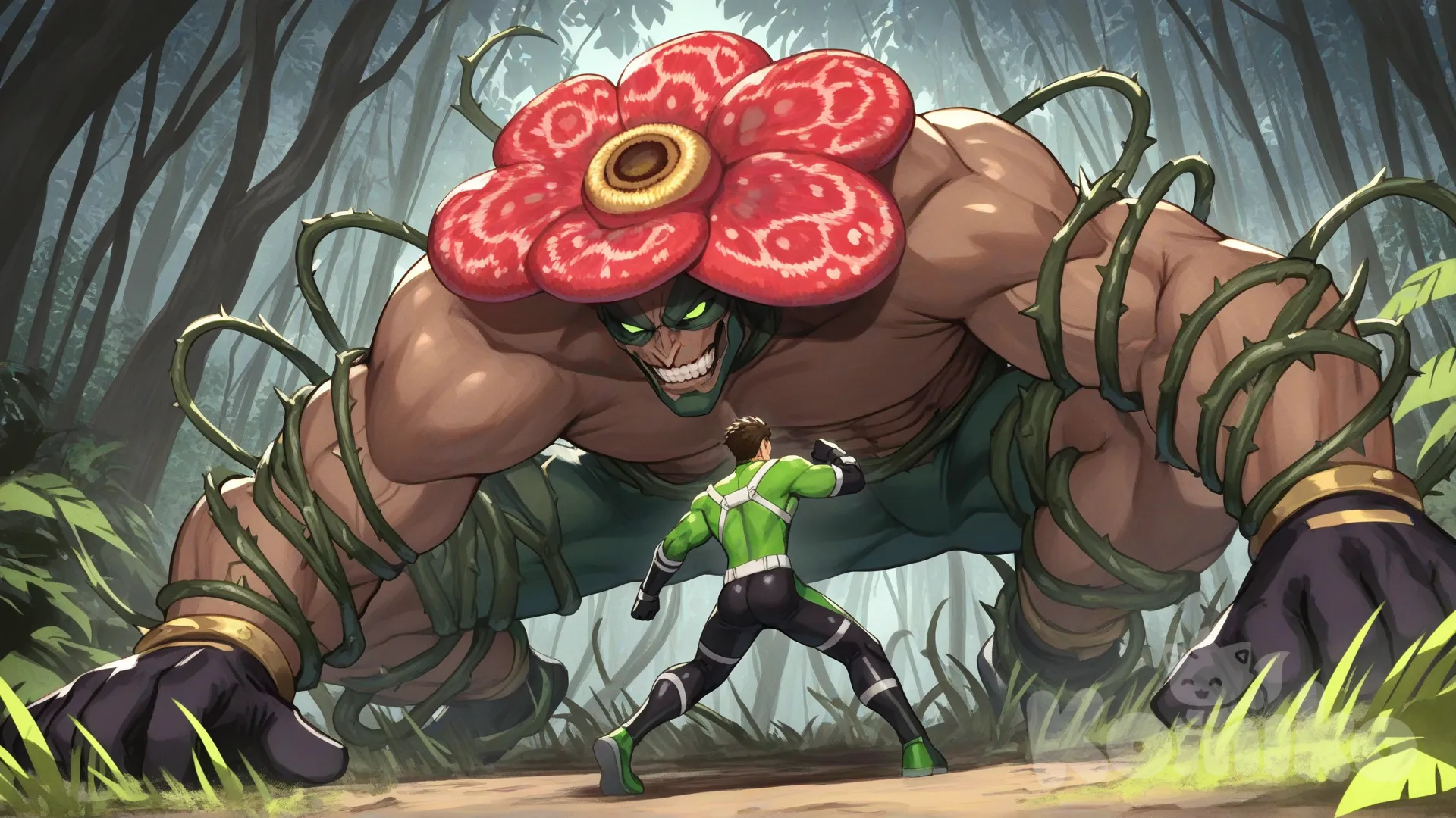 2people, superhero vs villain, superhero vs monster, rampage, jungle, ground, confront, from below, 

Characters:
First character: Superhero, Matt Carter, Jock Studio, giant body, olive hair, green eyes, olive skin tone, black gloves, he's wearing three tone green with black and white strap tight suit, superhero suit, [serious-man-style], full body, confront, defensive stance,

Second character: Villain, giant monster, plant, Rafflesia Arnoldi, tendrills, spiky, rampage