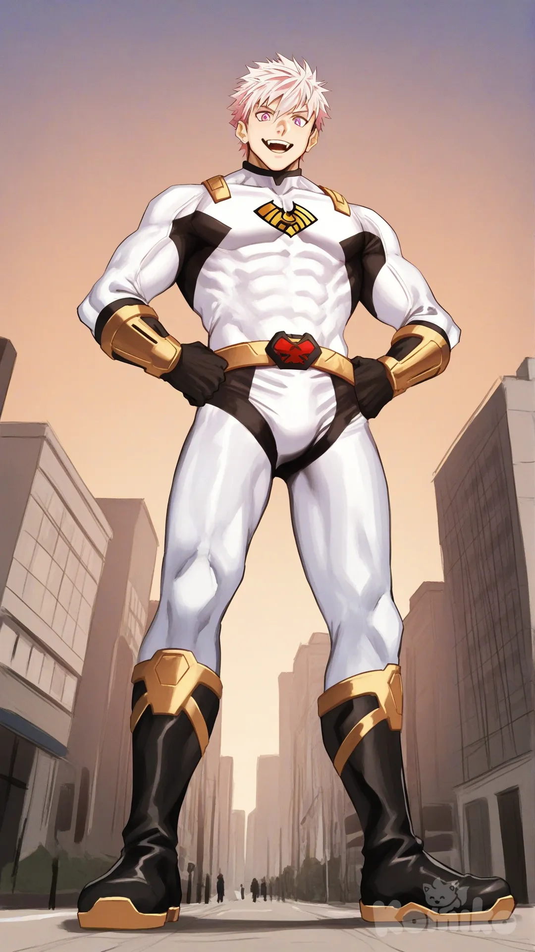 1boy, solo, from below, city, main street,

Characters:
First character: Superhero, Yuuto Nakajima, Jock Studio, giant body, atletic body, peach hair color, pink eyes, peach skin tone, black gloves, he's wearing three tone white with black and gold strap tight suit, superhero suit, [serious-man-style], full body, standing, hands on hips, smile, open mouth