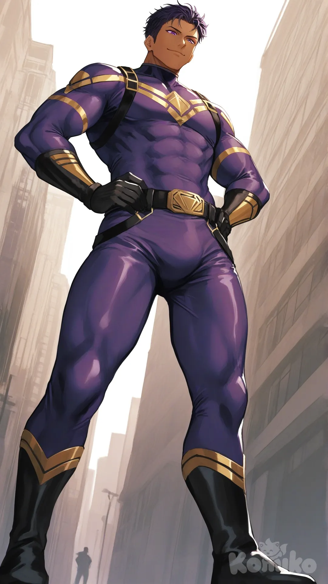 1boy, solo, from below, city, main street,

Characters:
First character: Superhero, Zayne Alexander, Jock Studio, giant body, purple hair color man bun, purple eyes, dark skin tone, black gloves, he's wearing three tone purple with black and gold strap tight suit, superhero suit, [serious-man-style], full body, standing, hands on hips, thin smile