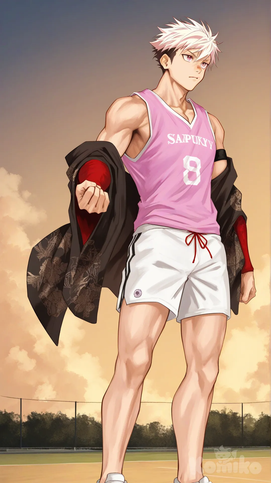 1boy, solo, outdoor volleyball field, from below,

Yuuto Nakajima, Jock Studio, atletic body, spiky undercut peach hair color, pink eyes, peach skin tone, [serious-man-style], full body, standing wears a pink singlet overlayed with a black half-yukata with a Japanese cloud design tied with a red ribbon, wears red strings on his arms and black sports arm bands, white flowy shorts with slits showing his knees